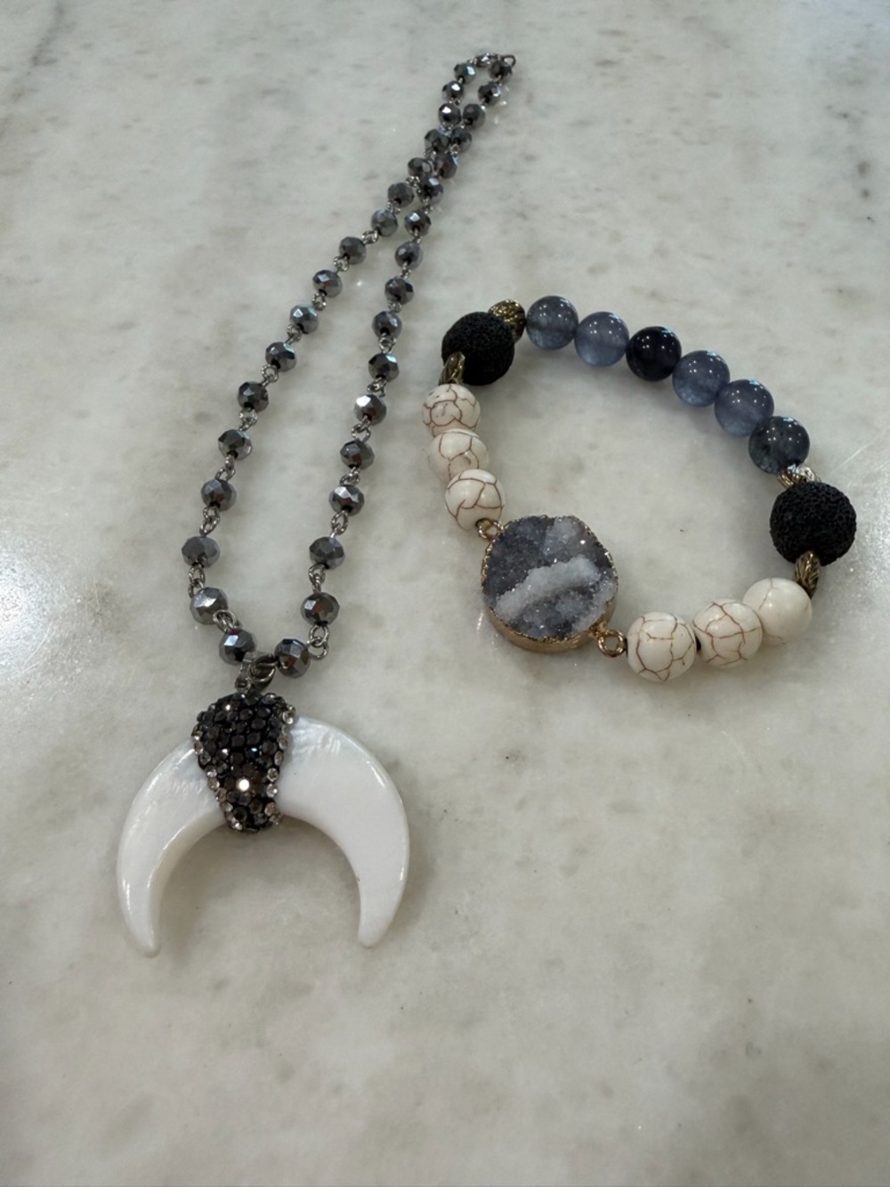 Boho Statement Jewelry Set (2) | Druzy Bracelet + Horn Pendant Necklace
